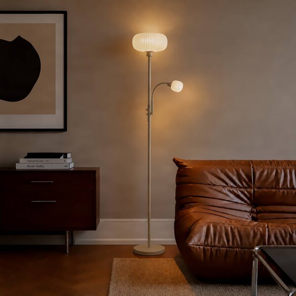 Lindby Stojací lampa Ingrid, béžová/bílá, 175 cm, na čtení, Krémová / jantar, Obývací pokoj / jídelna, kov