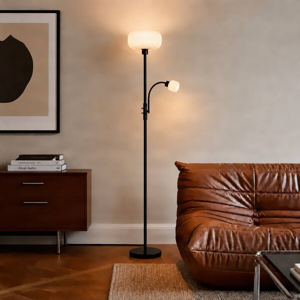 Lindby Stojací lampa Ingrid, černá/bílá, 175 cm, na čtení, Černá, Obývací pokoj / jídelna, kov