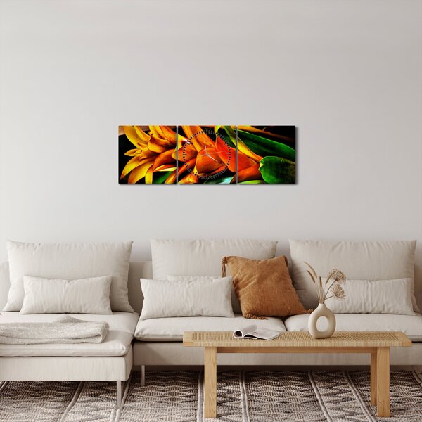 Obraz oranžové kytice (s hodinami) (90x30 cm)