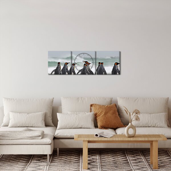 Obraz tučňáků u oceánu (s hodinami) (90x30 cm)