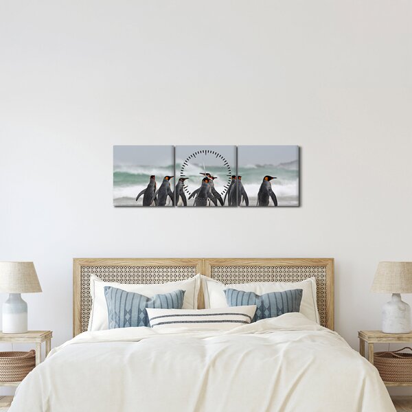 Obraz tučňáků u oceánu (s hodinami) (90x30 cm)