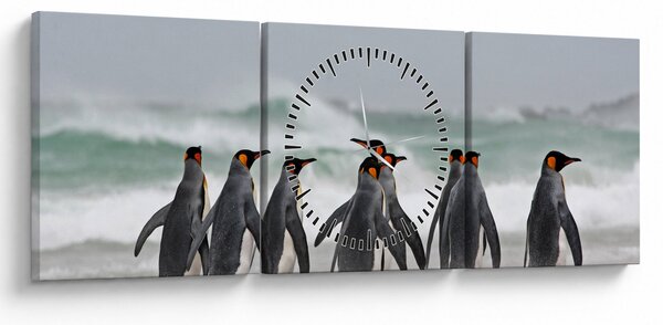 Obraz tučňáků u oceánu (s hodinami) (90x30 cm)