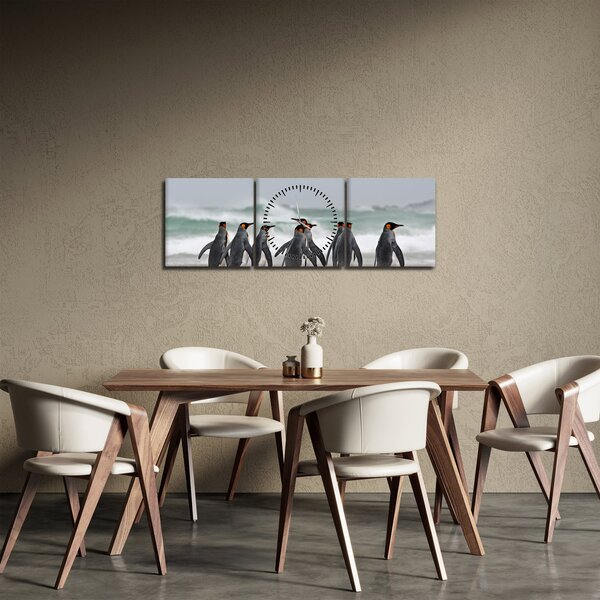 Obraz tučňáků u oceánu (s hodinami) (90x30 cm)