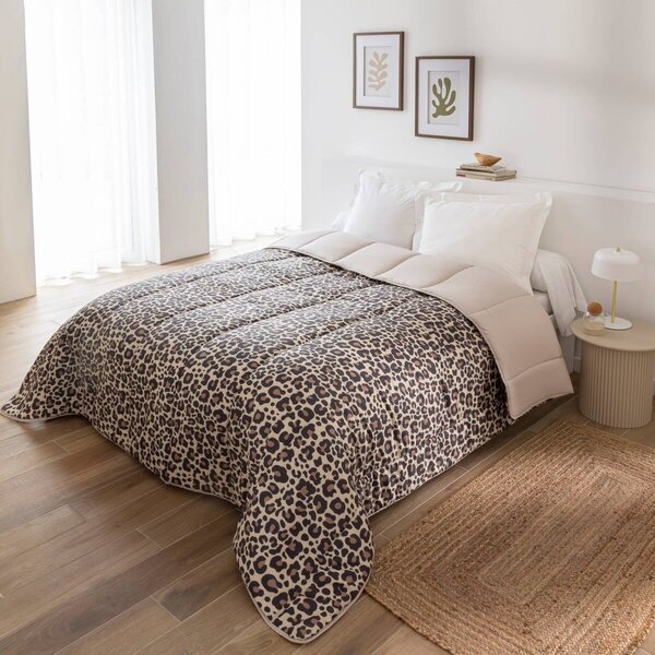 Oboustranná přikrývka z mikrovlákna s potiskem Leopard 200g/m2 béžová/černá 200x200 cm