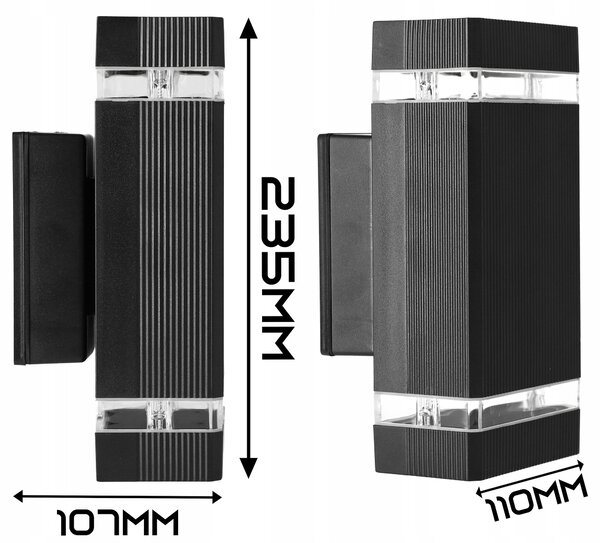 LED fasádní svítidlo, patice 2× GU10, IP54, 235 × 107 × 110 mm