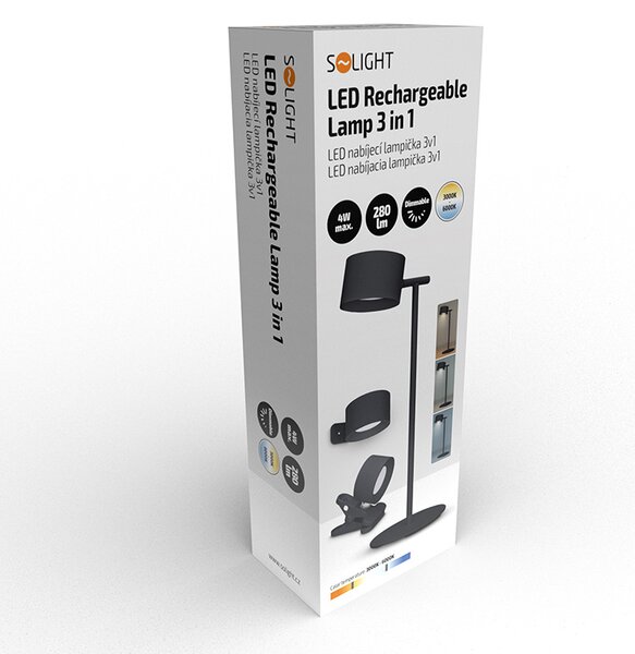 SOLIGHT LED nabíjecí lampička 3v1, 280lm, změna CCT, stmívání, černá