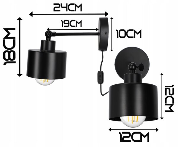 Černé nástěnné svítidlo E27, kabel 150 cm