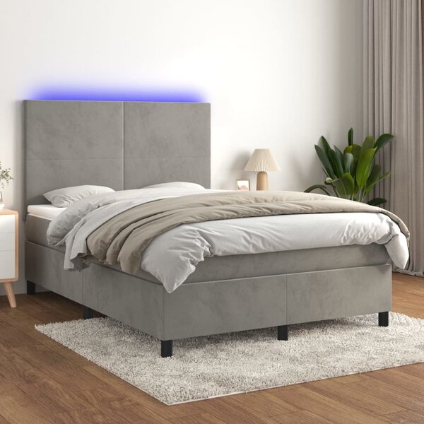 Box spring postel s matrací a LED světle šedá 140x190 cm samet 3135999