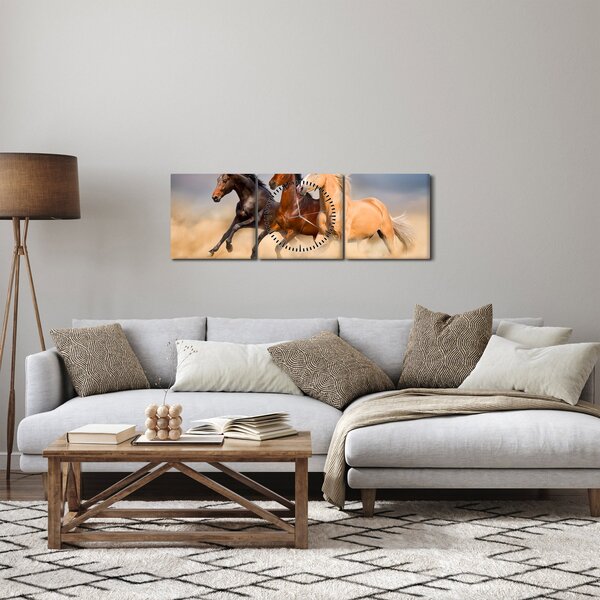 Obraz - Divocí koně (s hodinami) (90x30 cm)
