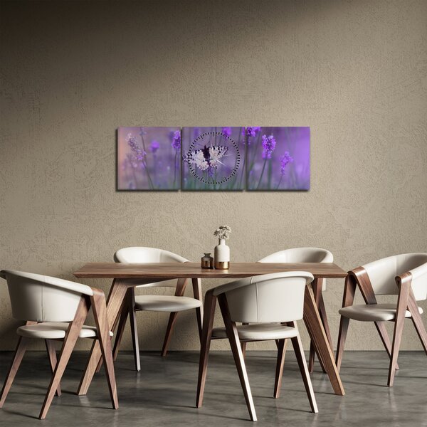 Obraz - Motýl v levandulích (s hodinami) (90x30 cm)