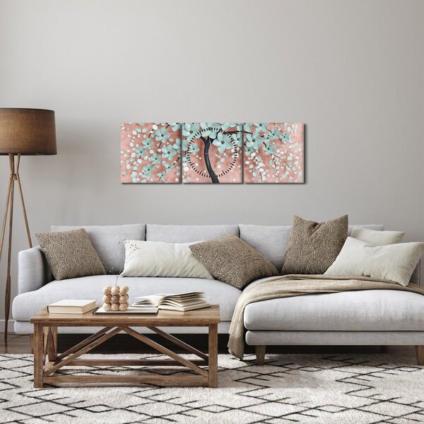 Obraz - Pastelově modré květy (s hodinami) (90x30 cm)