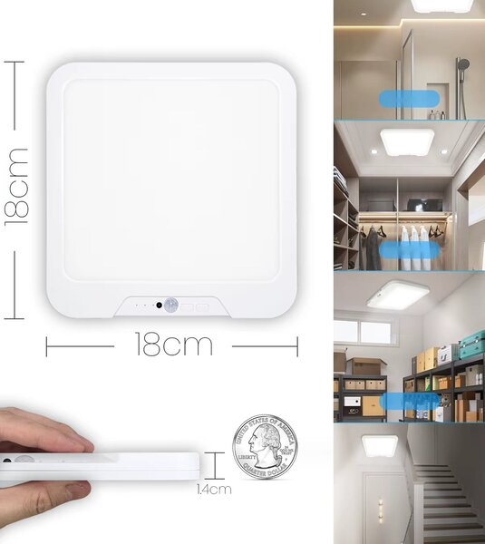 Bílé stropní LED svítidlo s pohybovým čidlem, CCT, 3 W, 325 lm, 18 × 18 × 1,4 cm