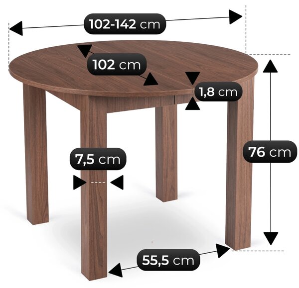 JAKS Kulatý rozkládací jídelní stůl v dekoru ořech Nicea 102–142 cm HARRY