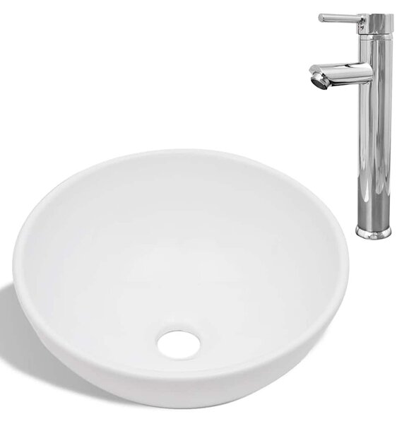 Umyvadlo do koupelny s vodovodní baterií keramické kulaté bílé 275494
