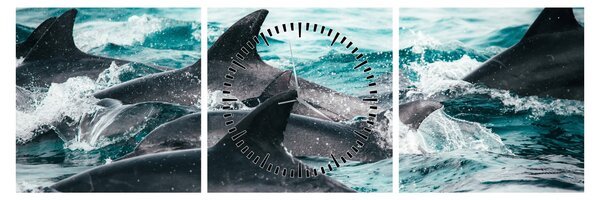 Obraz - Delfíni v oceáně (s hodinami) (90x30 cm)
