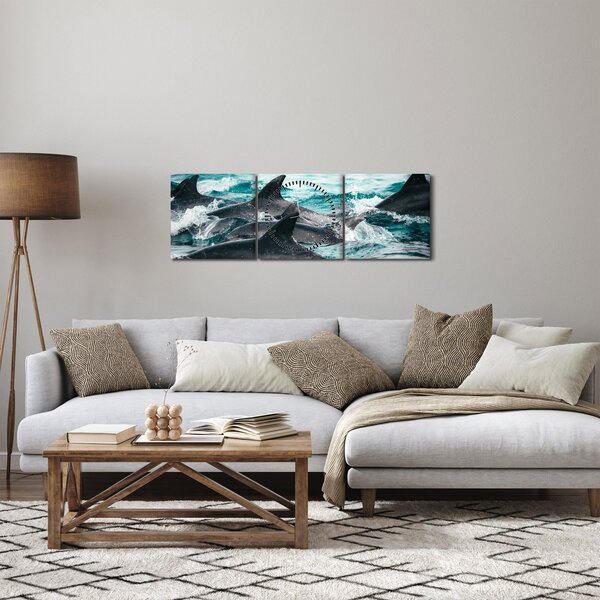 Obraz - Delfíni v oceáně (s hodinami) (90x30 cm)