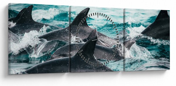 Obraz - Delfíni v oceáně (s hodinami) (90x30 cm)