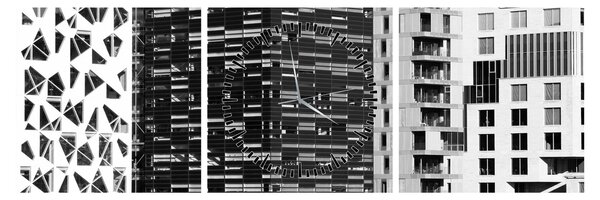 Obraz černobílé architektury (s hodinami) (90x30 cm)