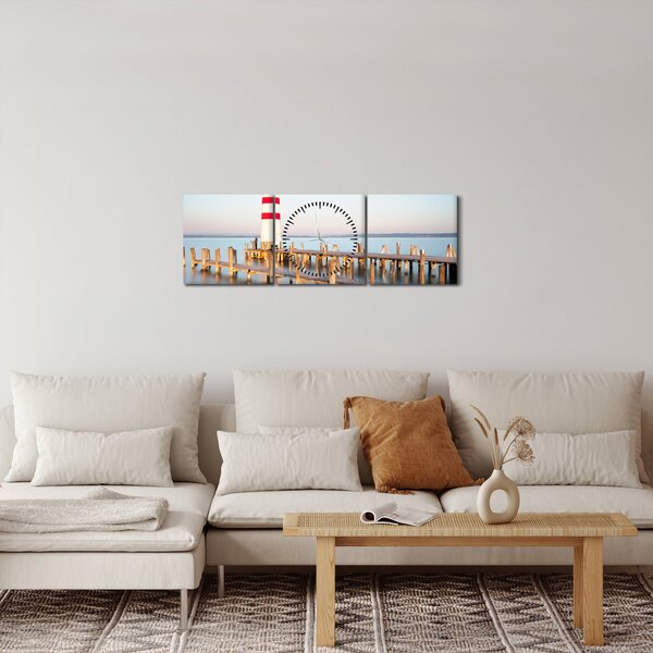 Obraz majáku za úsvitu (s hodinami) (90x30 cm)