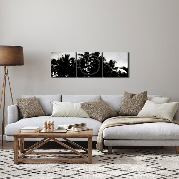 Obraz černobílý - palmy (s hodinami) (90x30 cm)