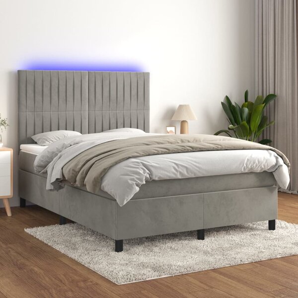 Box spring postel s matrací a LED světle šedá 140x190 cm samet 3136239