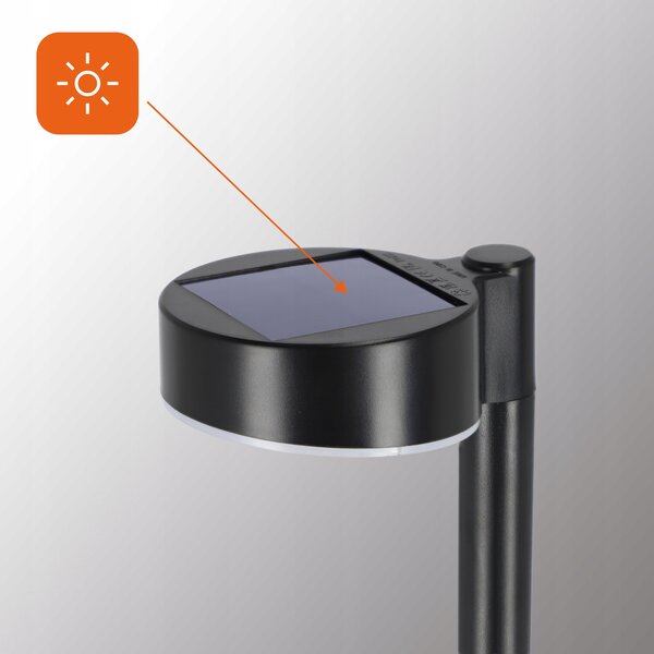Černé LED solární zápichové svítidlo, IP65, 100 lm, teplá bílá