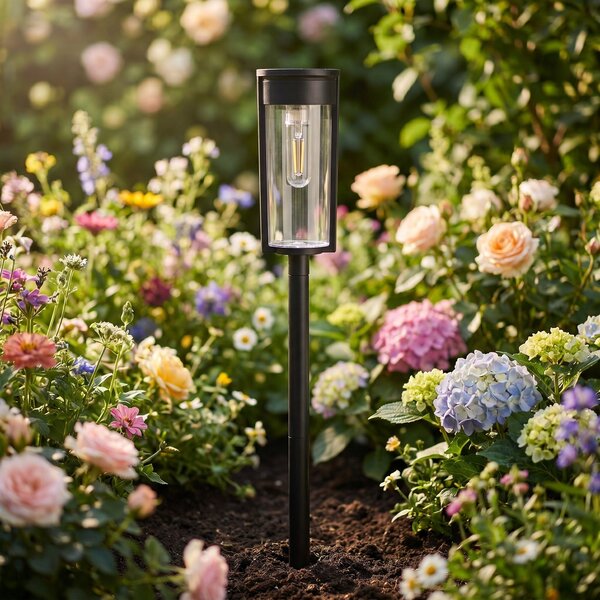 Černé LED solární zápichové svítidlo, IP65, 100 lm, teplá bílá