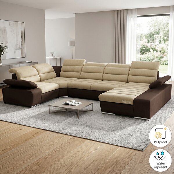 Sedací souprava KORFU II | 225x365x194 | rozkládací + úložný prostor | béžová/hnědá WATER REPELLENT + PET-PROOF