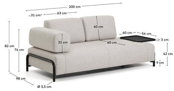 Kave Home Béžovošedá dvoumístná pohovka Compo 200 cm s velkým stolkem