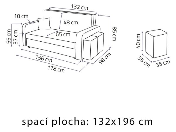 Pohovka VIVA III HOME + 2x taburet v ceně | 178 cm | PRAVÁ | rozkládací + úložný prostor | VÝBĚR TKANIN