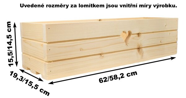 Dřevěný truhlík z masivu srdce - přírodní 60 cm
