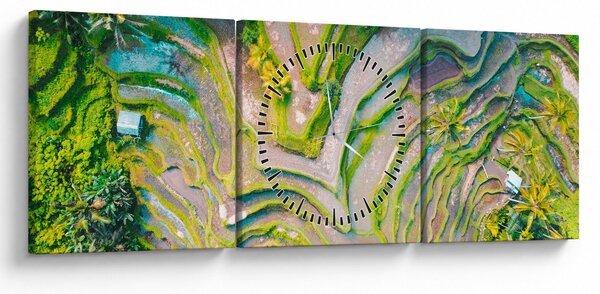 Obraz rýžových polí z ptačí perspektivy (s hodinami) (90x30 cm)