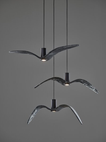 Designové venkovní závěsné svítidlo Brokis Night Birds PC1111, IP54 Povrch Montury: Stříbrný elox, Barva skla: Šedá kouřová - masiv, Povrch baldachýnu: kov - černý matný komaxit