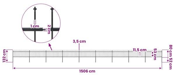 Zahradní plot s kopím nahoře ocelový 1506 x 80 cm černý 277610