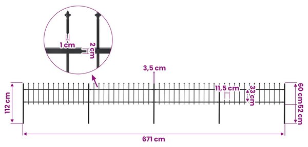 Zahradní plot s kopím nahoře ocelový 671 x 60 cm černý 277596