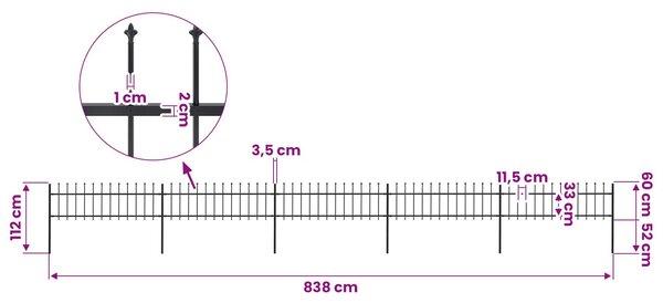 Zahradní plot s kopím nahoře ocelový 838 x 60 cm černý 277597