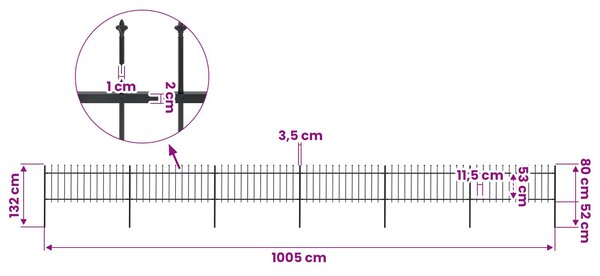 Zahradní plot s kopím nahoře ocelový 1005 x 80 cm černý 277607