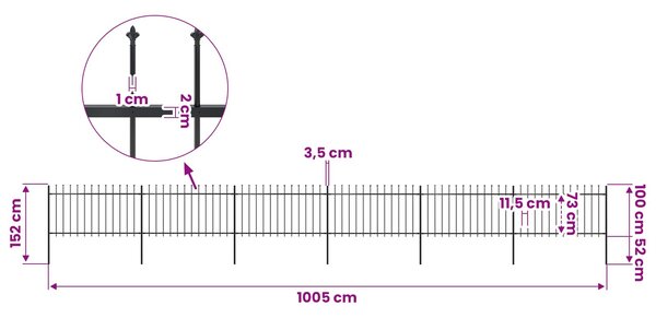 Zahradní plot s kopím nahoře ocelový 1005 x 100 cm černý 277616