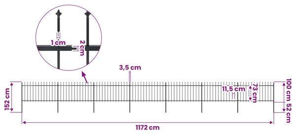 Zahradní plot s kopím nahoře ocelový 1172 x 100 cm černý 277617