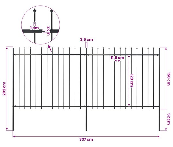 Zahradní plot s kopím nahoře ocelový 337 x 150 cm černý 277630