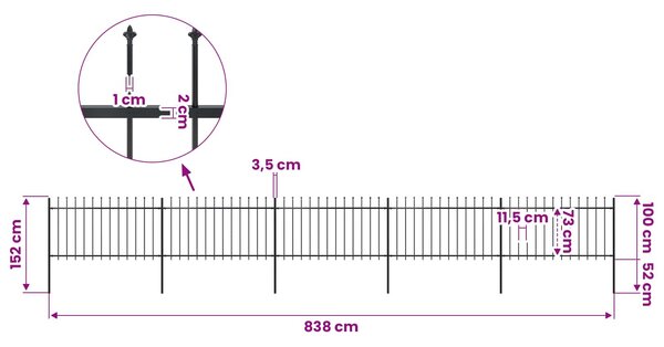 Zahradní plot s kopím nahoře ocelový 838 x 100 cm černý 277615