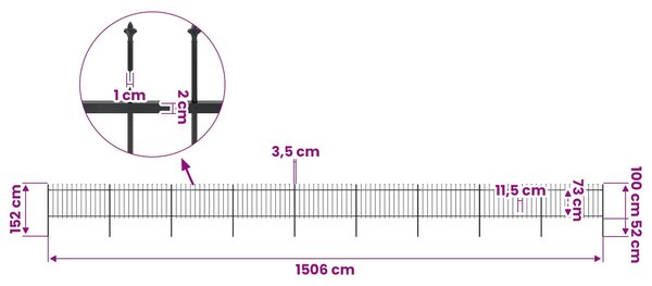 Zahradní plot s kopím nahoře ocelový 1506 x 100 cm černý 277619