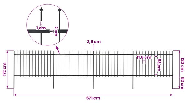 Zahradní plot s kopím nahoře ocelový 671 x 120 cm černý 277623