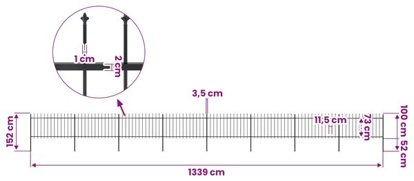 Zahradní plot s kopím nahoře ocelový 1339 x 100 cm černý 277618