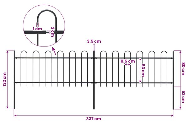 Zahradní plot s obloukem nahoře ocelový 337 x 80 cm černý 277648