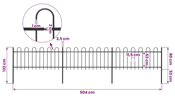 Zahradní plot s obloukem nahoře ocelový 504 x 80 cm černý 277649