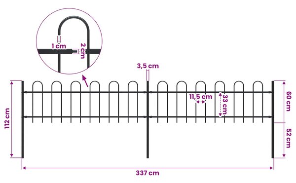 Zahradní plot s obloukem nahoře ocelový 337 x 60 cm černý 277639