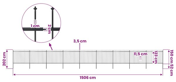 Zahradní plot s kopím nahoře ocelový 1506 x 150 cm černý 277637