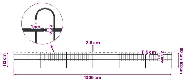 Zahradní plot s obloukem nahoře ocelový 1005 x 60 cm černý 277643