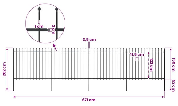 Zahradní plot s kopím nahoře ocelový 671 x 150 cm černý 277632